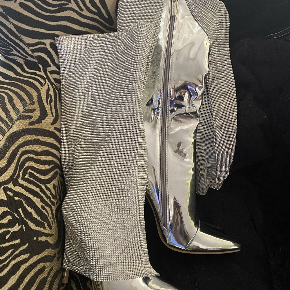 Silver Rhinestone Knee-High Boots